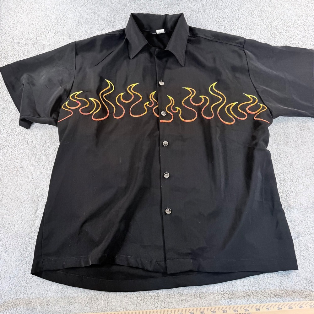 Johnny Suede Bowling Shirt Mens XL Black Embroidered Fire Flame Short Sleeve USA
